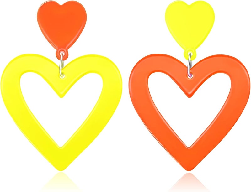 HOLYRY Neon Heart Earrings for Women Acrylic Neon Earrings 80s 90s Outfit for Women Glow Party Accessories Gifts Hot Pink Orange Green Yellow - Image 1